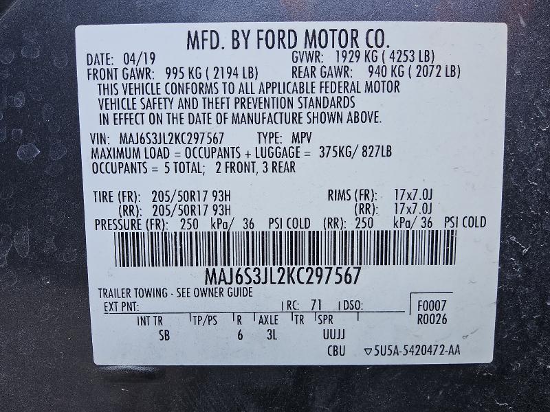 MAJ6S3JL2KC297567 - 2019 FORD ECOSPORT SES رمادي صورة 13