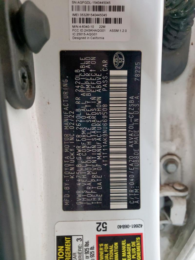 4T1T11AK9NU669508 - 2022 TOYOTA CAMRY SE თეთრი ფოტო 12