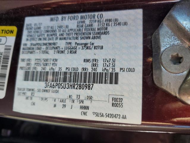 3FA6P0SU3HR280987 - 2017 FORD FUSION TITANIUM PHEV BURGUNDY photo 12