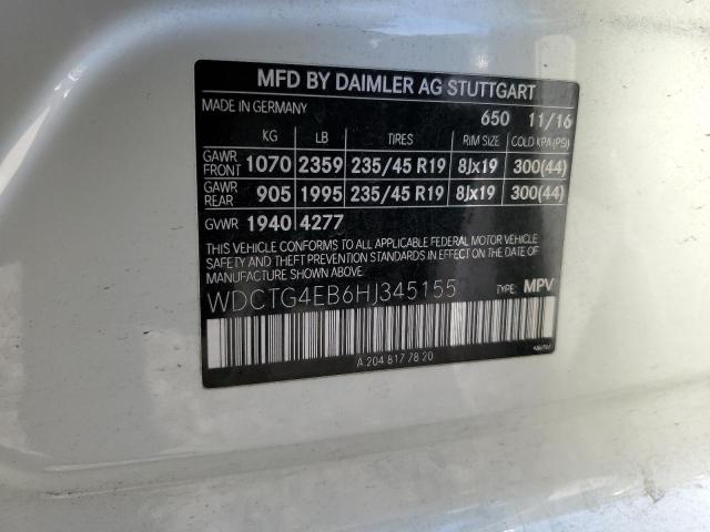 WDCTG4EB6HJ345155 - 2017 MERCEDES-BENZ GLA 250 Beyaz fotoğraf 12