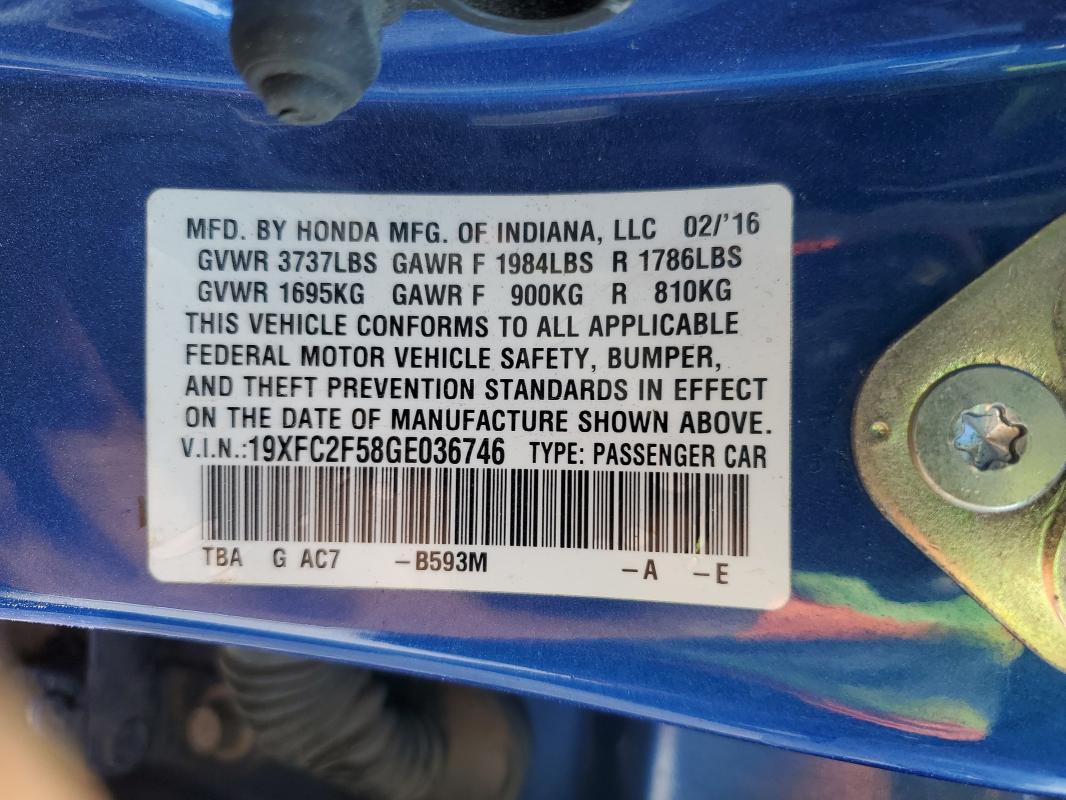 19XFC2F58GE036746 - 2016 HONDA CIVIC LX BLUE photo 12