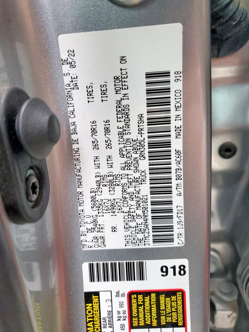 3TMCZ5AN4NM501021 - 2022 TOYOTA TACOMA DOUBLE CAB SILVER photo 12