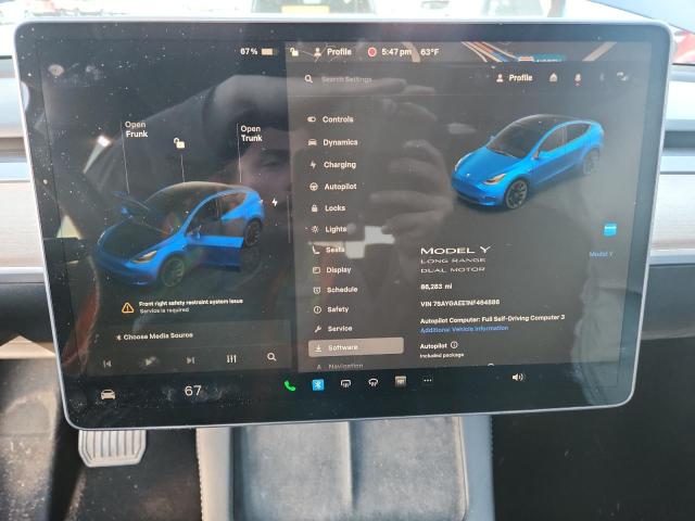 7SAYGAEE1NF464886 - 2022 TESLA MODEL Y BLUE photo 9