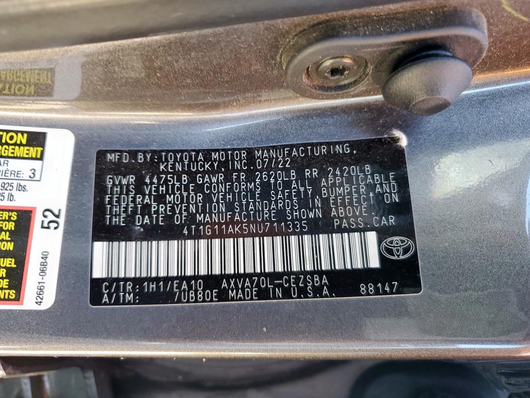 4T1G11AK5NU711335 - 2022 TOYOTA CAMRY SE GRAY photo 12