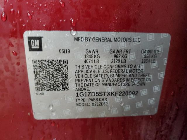 1G1ZD5STXKF220092 - 2019 CHEVROLET MALIBU LT Kırmızı fotoğraf 12