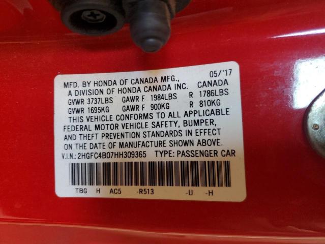 2HGFC4B07HH309365 - 2017 HONDA CIVIC LX წითელი ფოტო 12
