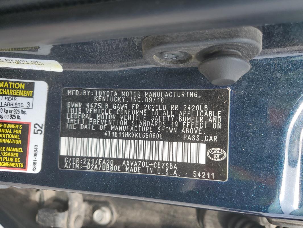 4T1B11HKXKU680806 - 2019 TOYOTA CAMRY L 青色 照片 13