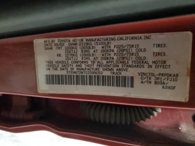 5TEHN72N72Z099053 - 2002 TOYOTA TACOMA DOUBLE CAB 红色 照片 12