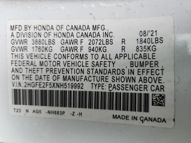 2HGFE2F5XNH519992 - 2022 HONDA CIVIC SPORT 白色 照片 12
