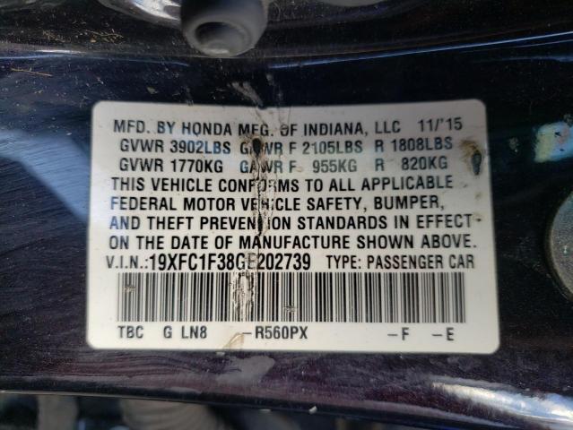 19XFC1F38GE202739 - 2016 HONDA CIVIC EX BLACK photo 12