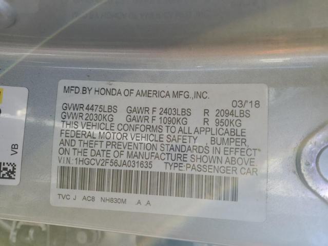 1HGCV2F56JA031635 - 2018 HONDA ACCORD EXL Srebrny zdjęcie 12
