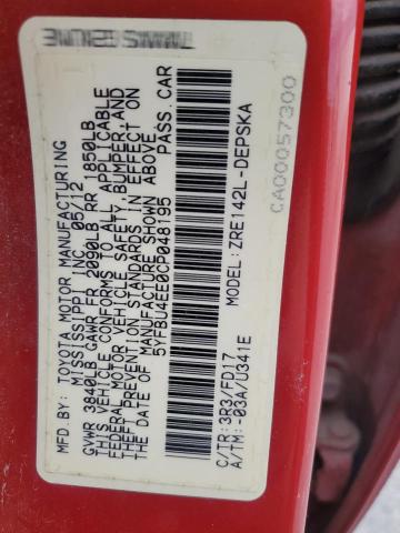 5YFBU4EE0CP048195 - 2012 TOYOTA COROLLA BASE 红色 照片 13