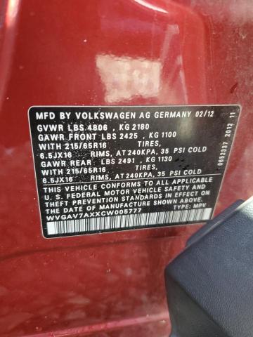 WVGAV7AXXCW005777 - 2012 VOLKSWAGEN TIGUAN S RED photo 12