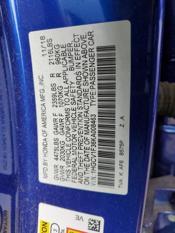1HGCV1F36KA008463 - 2019 HONDA ACCORD SPORT Mavi fotoğraf 12