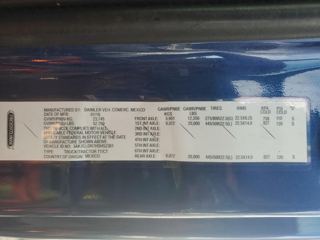 3AKJGLDR7HSHS2361 - 2017 FREIGHTLINER CASCADIA 1 ლურჯი ფოტო 10