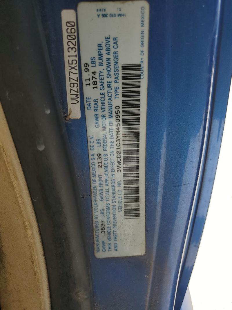 3VWCD21C3YM450950 - 2000 VOLKSWAGEN NEW BEETLE GLS 蓝色 照片 12