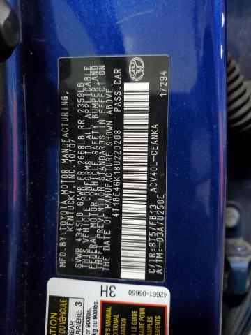 4T1BE46K18U220208 - 2008 TOYOTA CAMRY CE 蓝色 照片 12