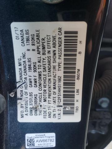 2HGFC2F51HH511662 - 2017 HONDA CIVIC LX BLUE photo 13