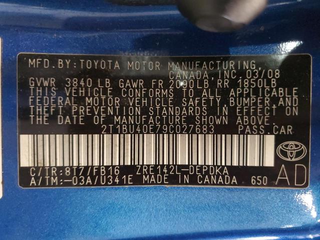 2T1BU40E79C027683 - 2009 TOYOTA COROLLA BASE BLUE photo 12