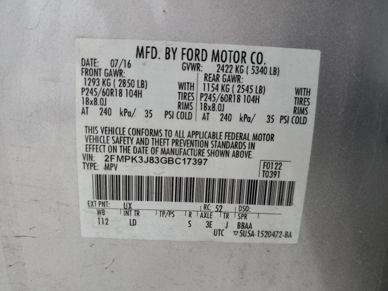 2FMPK3J83GBC17397 - 2016 FORD EDGE SEL SILVER photo 14