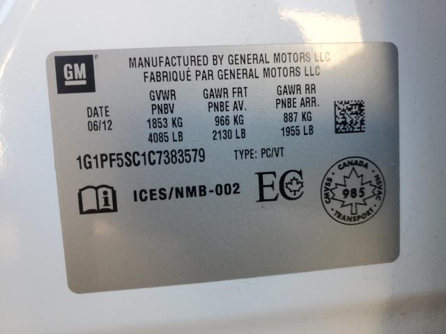 1G1PF5SC1C7383579 - 2012 CHEVROLET CRUZE LT WHITE photo 12