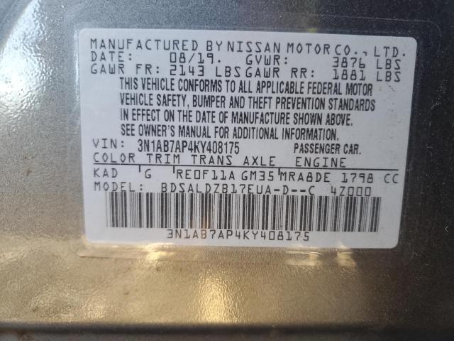 3N1AB7AP4KY408175 - 2019 NISSAN SENTRA S GRAY photo 12