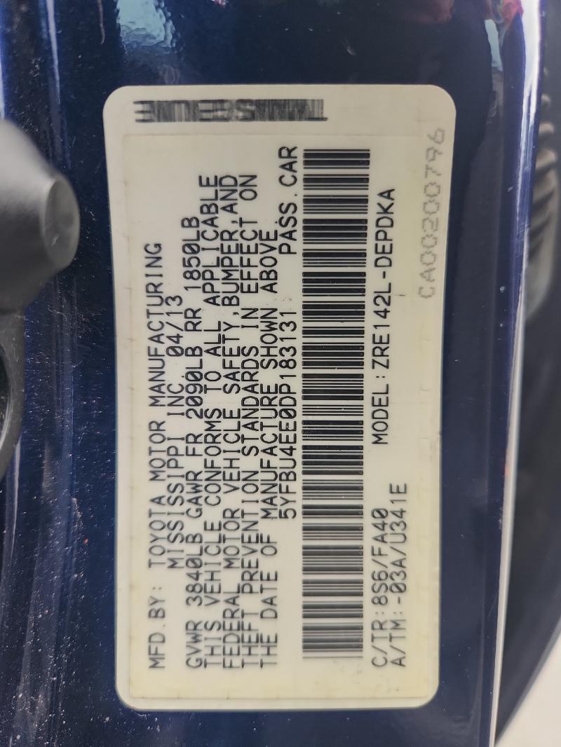 5YFBU4EE0DP183131 - 2013 TOYOTA COROLLA BASE Bleu photo 12