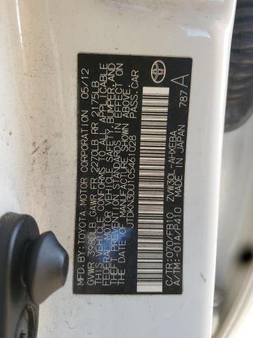 JTDKN3DU1C5461028 - 2012 TOYOTA PRIUS WHITE photo 12