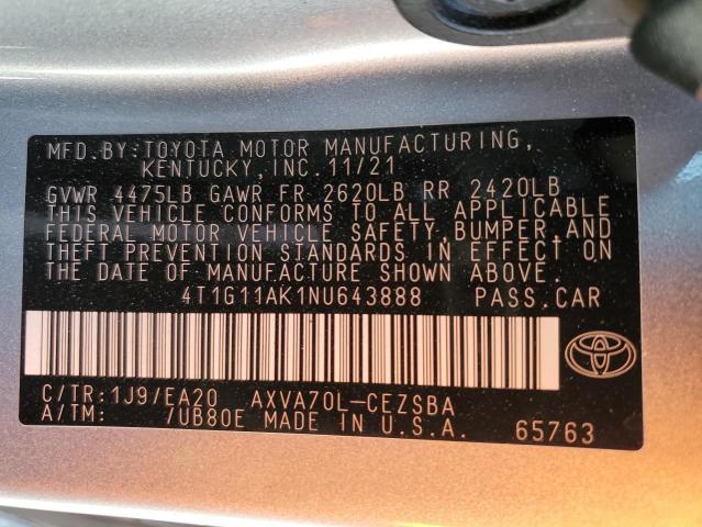 4T1G11AK1NU643888 - 2022 TOYOTA CAMRY SE 银色 照片 12