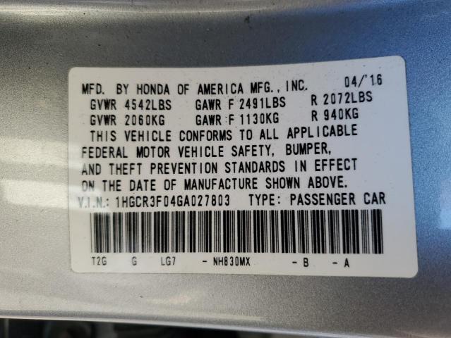 1HGCR3F04GA027803 - 2016 HONDA ACCORD EXL 银色 照片 12