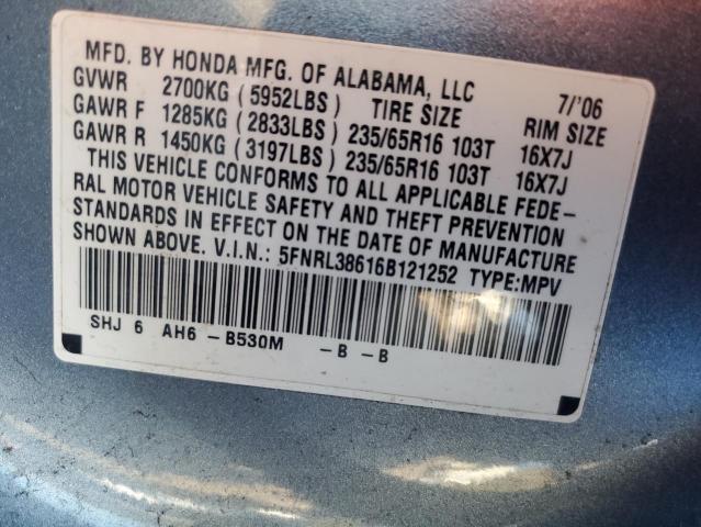 5FNRL38616B121252 - 2006 HONDA ODYSSEY EXL BLUE photo 13