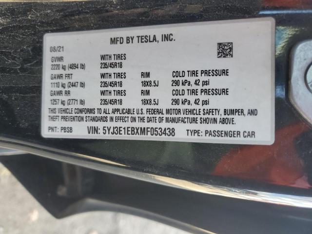 5YJ3E1EBXMF053438 - 2021 TESLA MODEL 3 შავი ფოტო 12