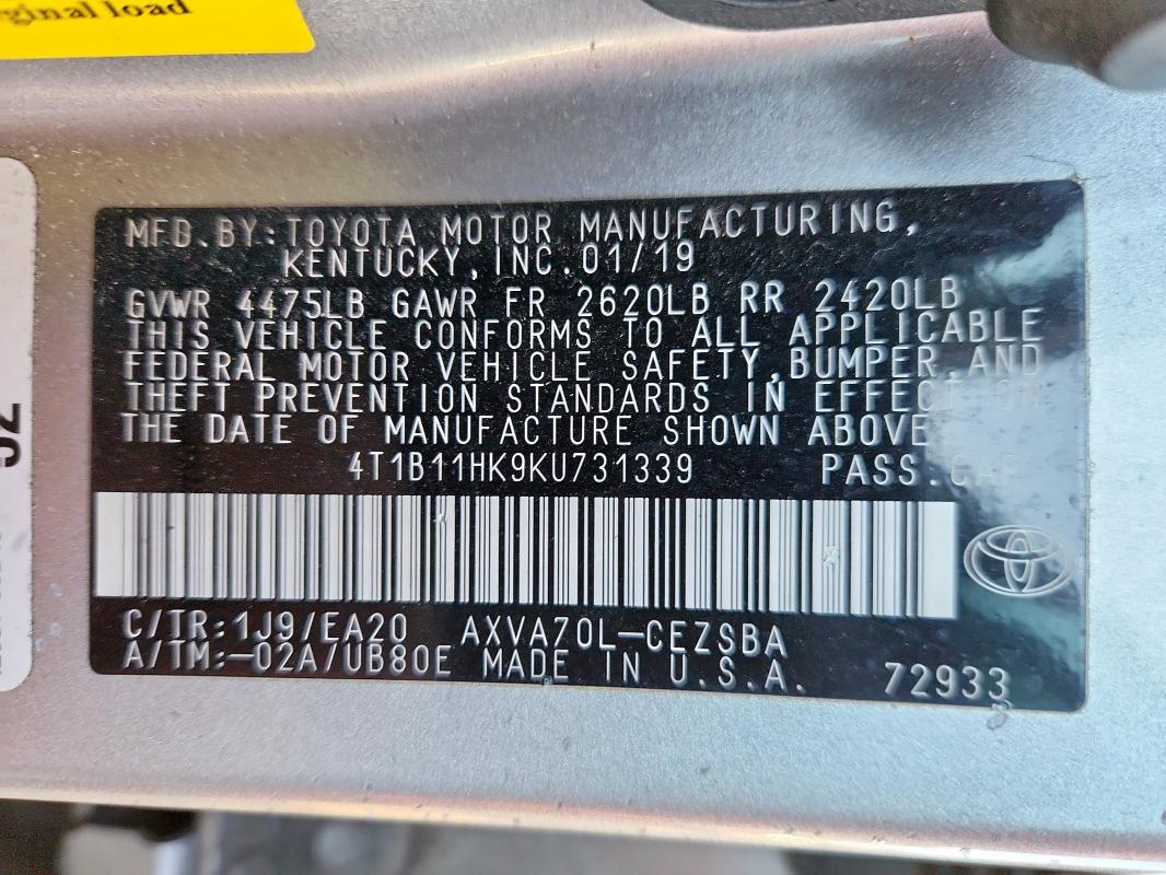 4T1B11HK9KU731339 - 2019 TOYOTA CAMRY L Srebrny zdjęcie 12