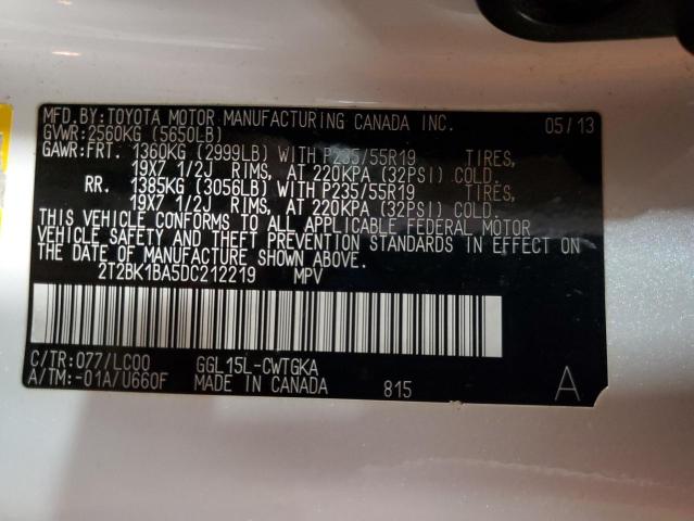 2T2BK1BA5DC212219 - 2013 LEXUS RX 350 BASE თეთრი ფოტო 13