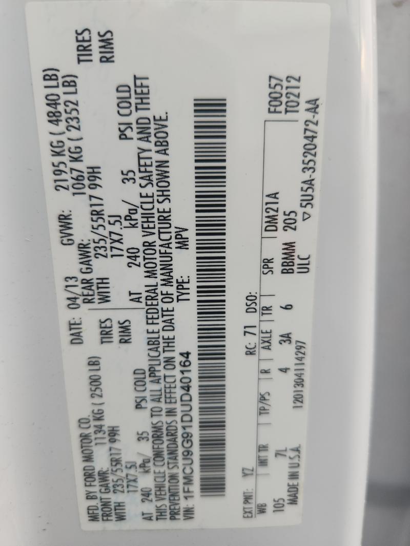 1FMCU9G91DUD40164 - 2013 FORD ESCAPE SE 白色 照片 13