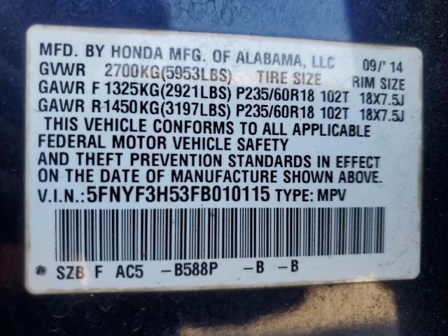 5FNYF3H53FB010115 - 2015 HONDA PILOT EXL BLUE photo 13
