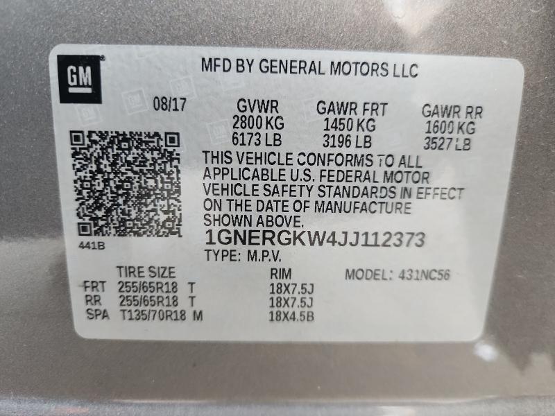 1GNERGKW4JJ112373 - 2018 CHEVROLET TRAVERSE LT 棕色 照片 14