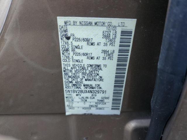5N1BV28UX4N329791 - 2004 NISSAN QUEST S Qəhvəyi foto 13