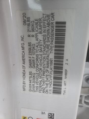 1HGCV1F31LA116961 - 2020 HONDA ACCORD SPORT WHITE photo 12