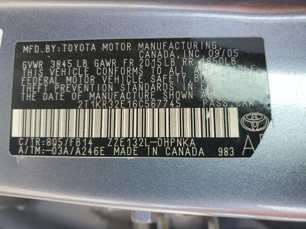 2T1KR32E16C567745 - 2006 TOYOTA COROLLA MA XR BLUE photo 12