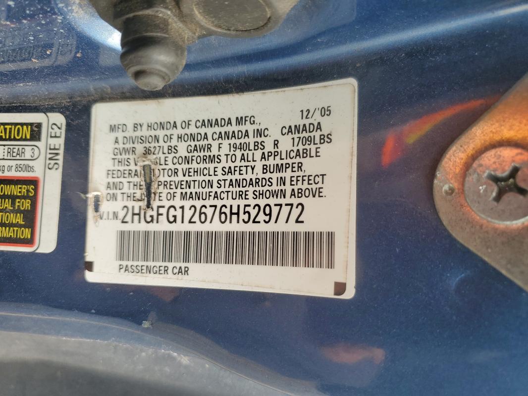 2HGFG12676H529772 - 2006 HONDA CIVIC LX ლურჯი ფოტო 12