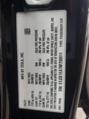 5YJ3E1EA7NF290011 - 2022 TESLA MODEL 3 Սև լուսանկար 13