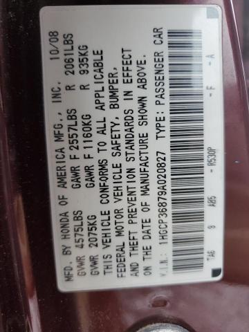 1HGCP36879A020827 - 2009 HONDA ACCORD EXL მუქწითელი ფოტო 12