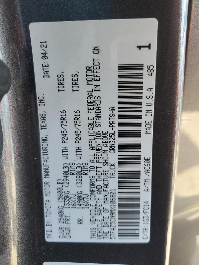 5TFAZ5CN9MX106801 - 2021 TOYOTA TACOMA DOUBLE CAB GRAY photo 12