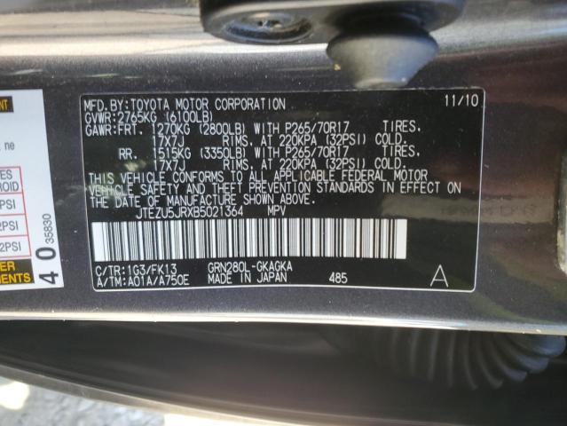 JTEZU5JRXB5021364 - 2011 TOYOTA 4RUNNER SR5 გრაფიტი ფოტო 13