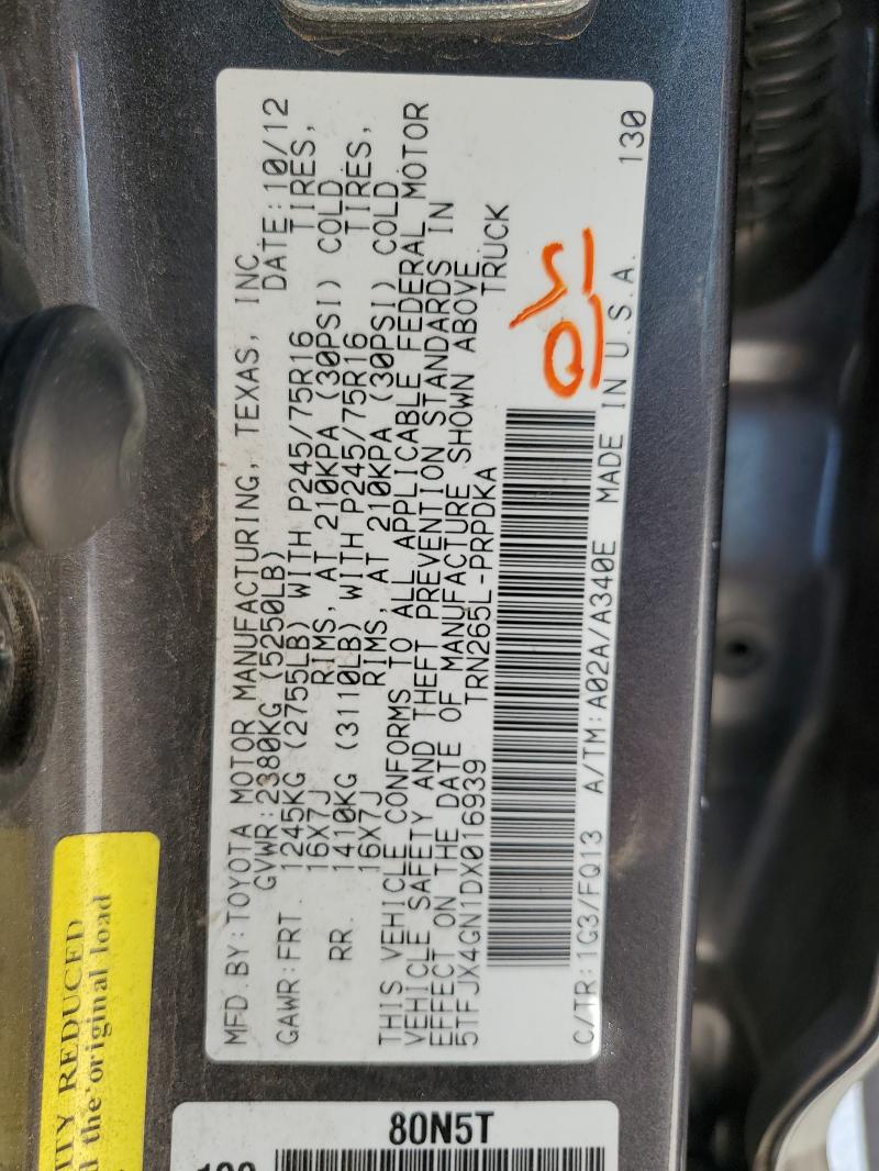 5TFJX4GN1DX016939 - 2013 TOYOTA TACOMA DOUBLE CAB 灰色 照片 12