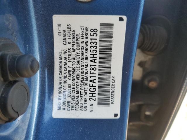 2HGFA1F81AH533158 - 2010 HONDA CIVIC EX BLUE photo 12