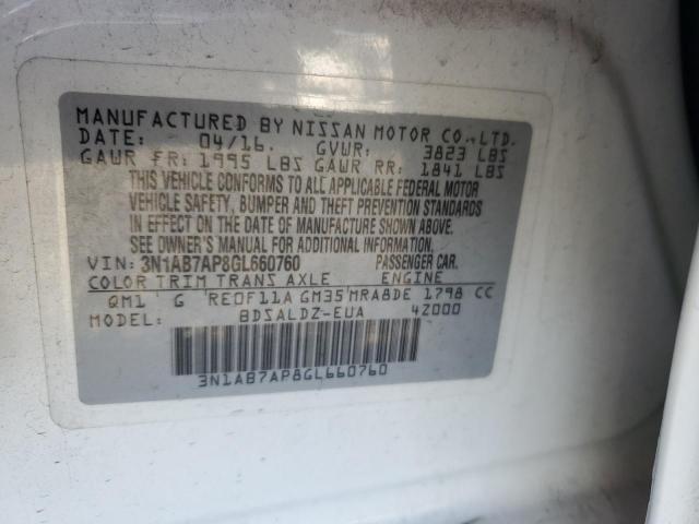 3N1AB7AP8GL660760 - 2016 NISSAN SENTRA S WHITE photo 12