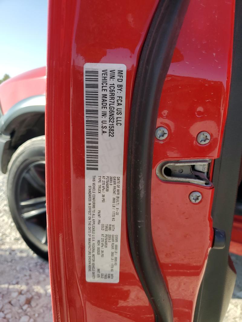 1C6RR7LG6NS215822 - 2022 RAM 1500 CLASS SLT 红色 照片 12