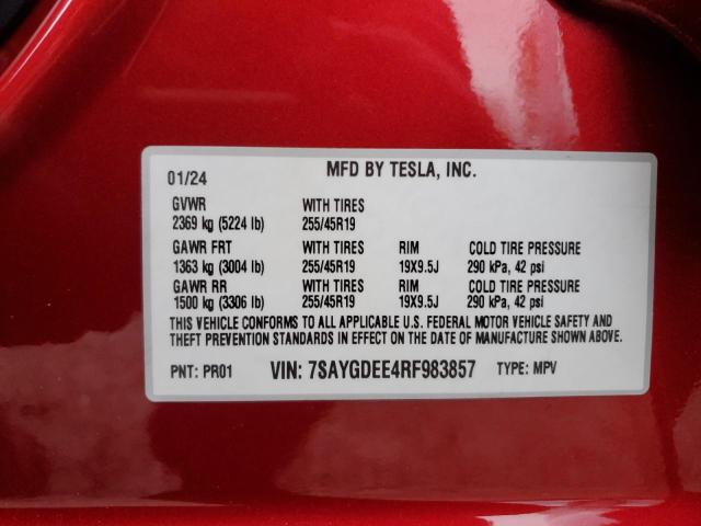 7SAYGDEE4RF983857 - 2024 TESLA MODEL Y 红色 照片 14